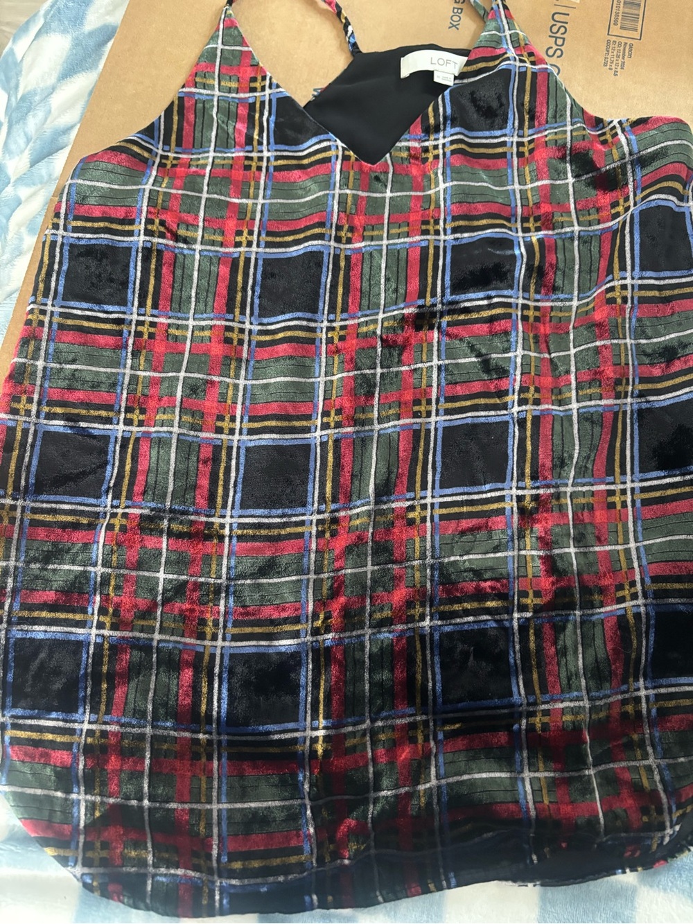 LOFT Plaid Velvet V-Neck Spaghetti Strap Festive Glam Party Tank Feminine Girly - Picture 8 of 9